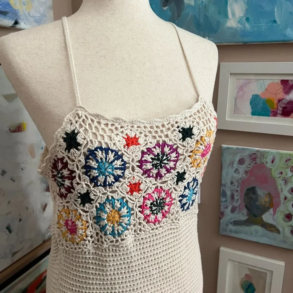 Cottagecore Mossimo Crochet Knit Midi Dress Boho Granny Square Festival Summer L